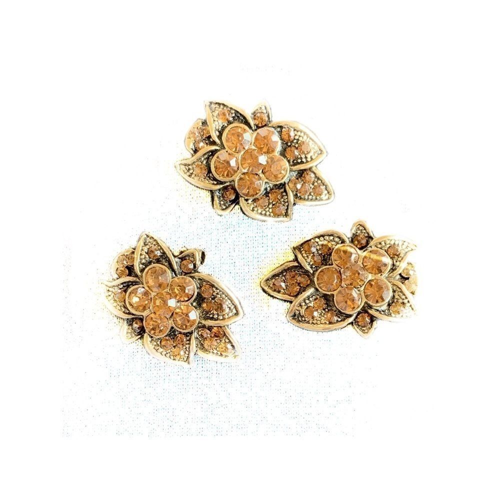 Vintage Set of 3 Gold Citrine crystal floral scatter pins mid century NOS